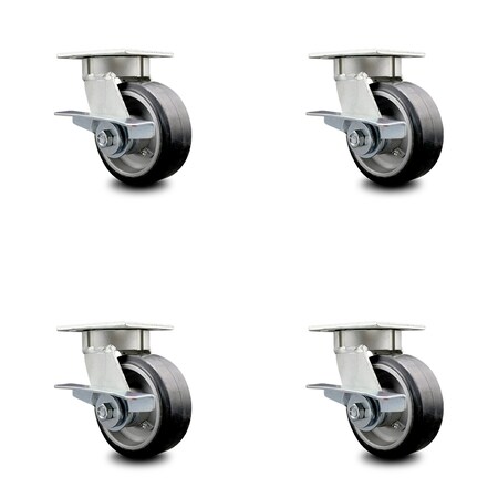 Service Caster 5 Inch Kingpinless Rubber on Aluminum Wheel Swivel Caster Set with Brakes SCC SCC-KP30S520-RAR-SLB-4